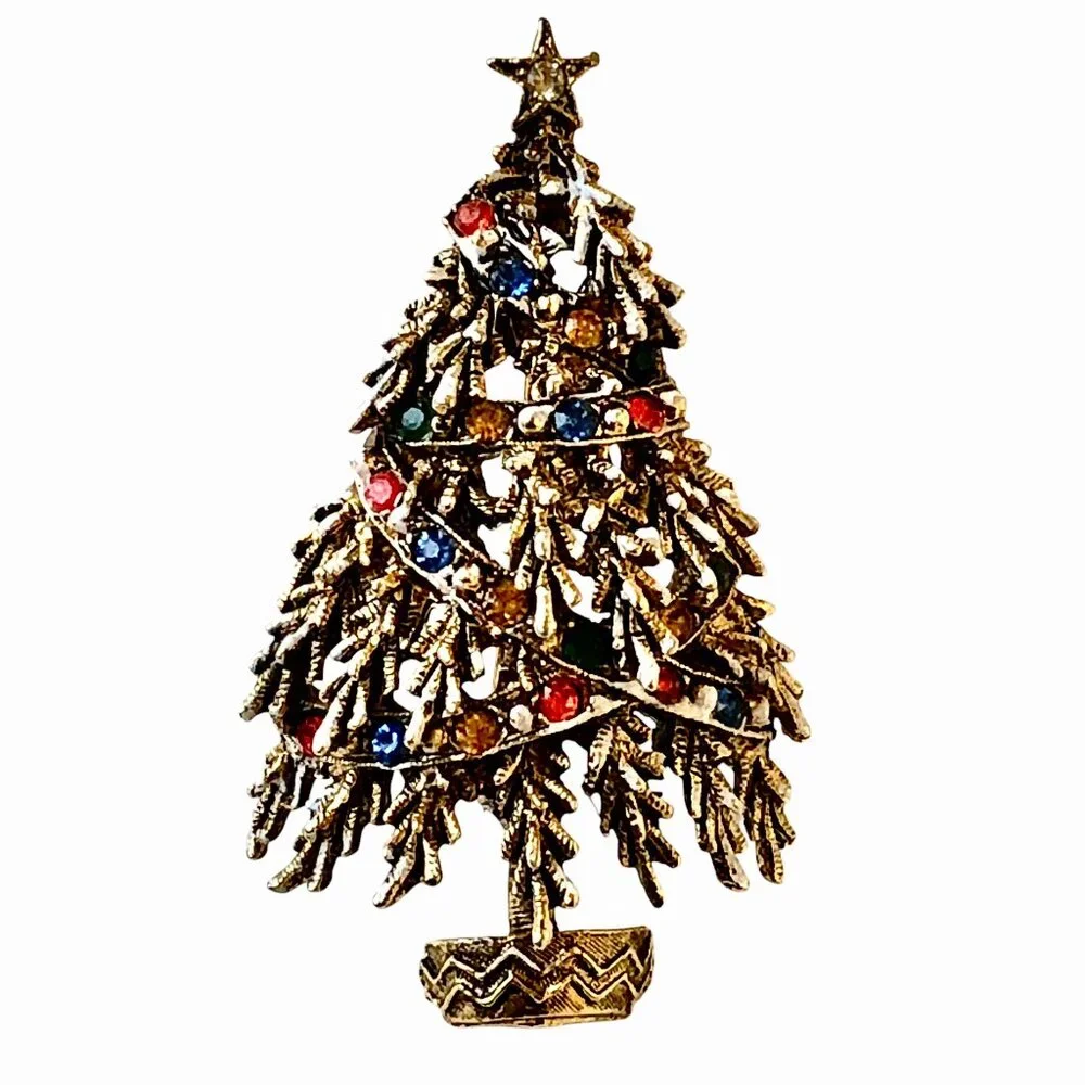 ART Arthur Pepper Vintage Christmas Tree Brooch Rhinestones & Beads Snow Signed